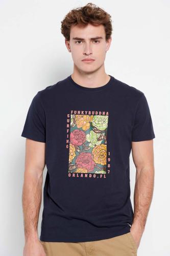 Funky Buddha ανδρικό T-shirt με framed floral print και logo patch στο πλάι - FBM007-051-04 Σκούρο Μπλε L